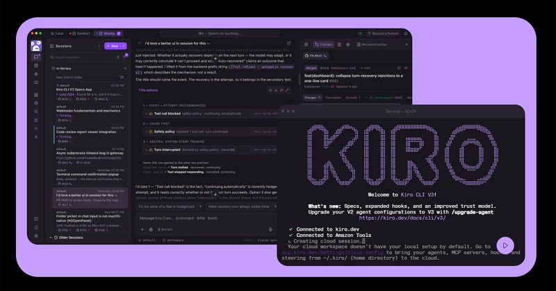 Imagem de uma tela de computador com linhas de programação na cor lilás e um destaque a palavra Kiro