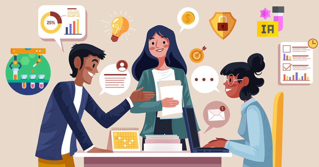 A ilustração retrata três pessoas em um ambiente de escritório. À esquerda, um homem de cabelo escuro e barba está sorrindo e segurando um papel. No centro, uma mulher de cabelo comprido está segurando uma pilha de papéis e sorrindo. À direita, uma mulher de cabelo preso está sentada em frente a um laptop, também sorrindo. Ao redor deles, há vários ícones e gráficos, incluindo um gráfico de pizza com 25%, uma lâmpada, um cadeado, um envelope com uma notificação, e gráficos de barras.